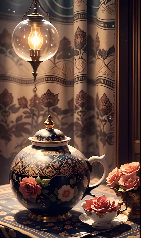 A teacup on tablecloth, View of Islamic buildings covered with islamic lusterware decoration, night, snowfall, roses flowers and small lamp besides teacup, arabian curtain on side --auto --s2