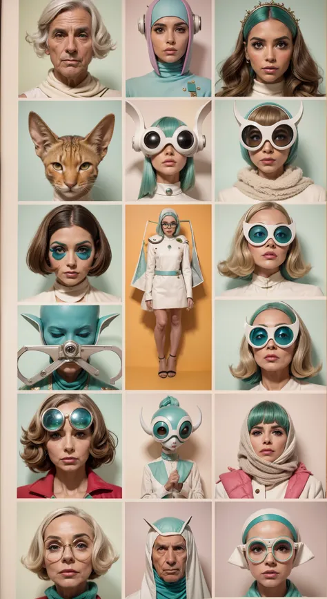 8k portrait of a 1960s science fiction film by Wes Anderson, Vogue anos 1960, pastels colors, There are people wearing weird futuristic masks and wearing extravagant retro fashion outfits and men and women wearing alien makeup and old ornaments with mechan...