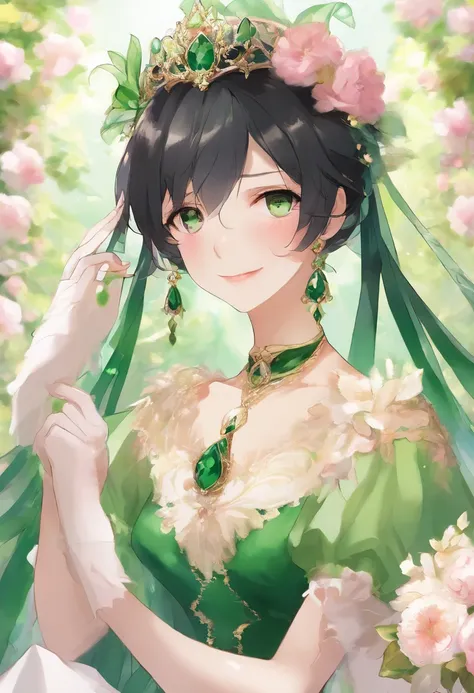 Boyish very short black hair, lipsticks, Japan woman smiling, Green Long Grove,　Emerald Tia boyish very short black hair, lipsticks, Japan woman smiling, Satin green long gloves, Green Pearl Necklace, verd s eyes, Green eyes, Long green gloves made of sati...