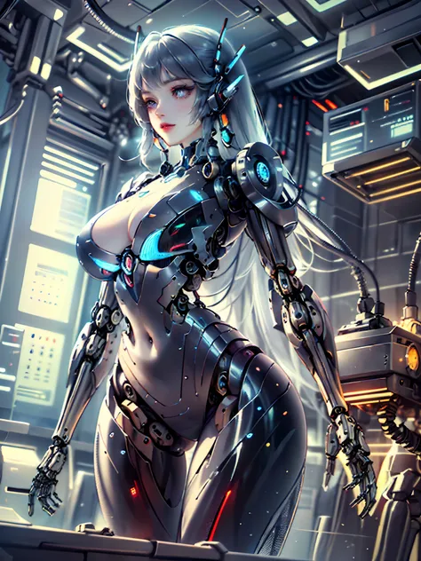 (original),(very detailed wallpaper),very detailed illustrations,(1 Girl),beautiful eyes,(delicate face),perfect detail,large breasts,((mechanical parts)),mechanical spine,mechanization,future,wide hips,laboratory,((mecha)),stylish energy (module),repairin...