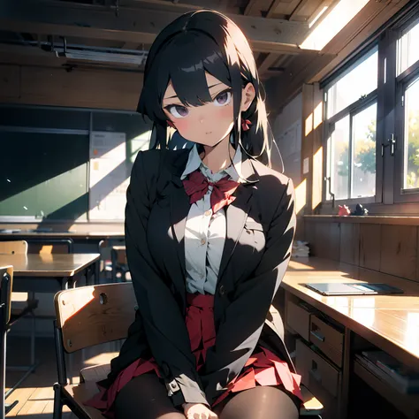 komiShouko, masterpiece, best quality, absurdres, (1girl), looking at viewer, v arms, pantyhose, classroom, school uniform, red skirt, red bow, black blazer, window, sitting, chair, crowd, unbottoned shirt, unbottoning shirt, cleveage, black panties, open ...