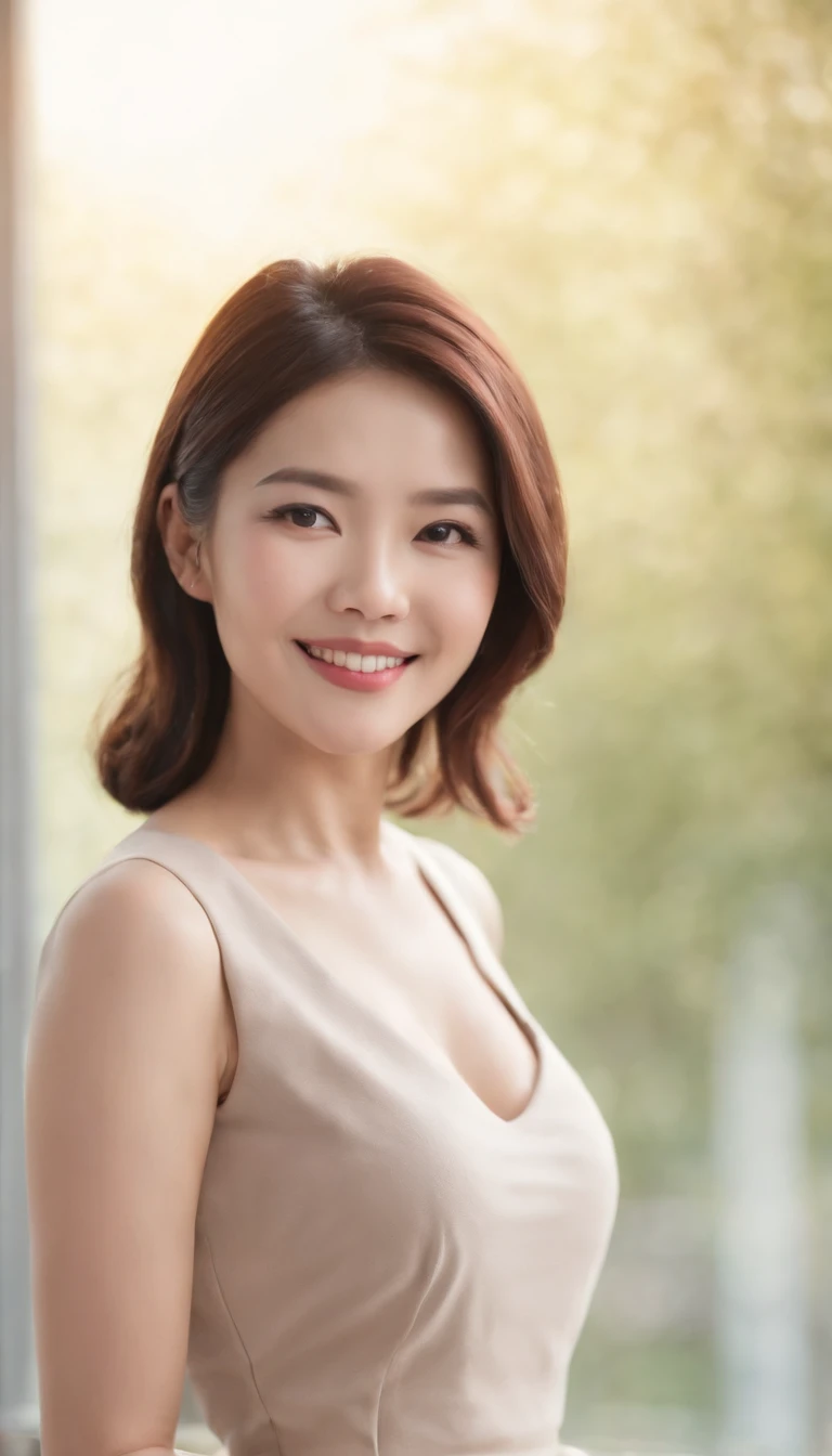 Asian female, Soft light, Clear face, cheerfulness, cheerful big breasts, Smiling, Warm light, ((office backdrop)), (Background)). ((office backdrop)) , (long or short hair), Smile, middle aged women,, Short hair, Smile,Skirt that wraps hips，high-heels，The...