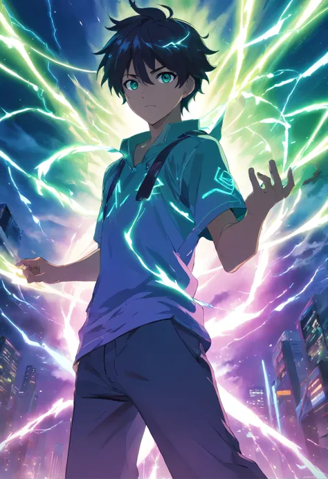 Um jovem homem adulto com cabelos cacheados Azul e branco de olhos verdes vibrantes com uma roupa preta com desenhos azuis, holding a purple lightning bolt in his left hand