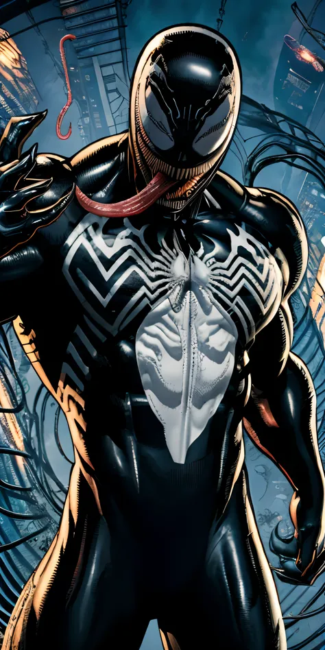 Ultra resolution 8K, the highest possible quality,Stunning illustration, Comic book master piece, the Venom symbiote from Marvel universe, White spider logo on chest, long twisted tong from open mouth with sharp theeths