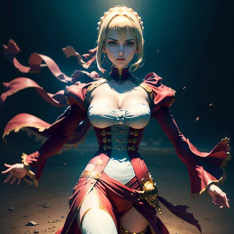 ((Personagem hyper realista)), (Nero Claudius de 20 anos), Grande Ordem do Destino, defronte,corpo inteiro, corpo perfeito, corpo intrincado, cabelo longo, cabelo loiro, vestido vermelho,Hiper realista, qualidade extrema, maximum details, max quality, Hype...