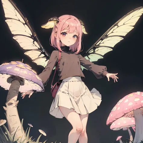 Beautiful and aesthetic,, Solo,Cute,Pink turtleneck,pleatedskirt，Dance，It has dragonfly-like wings and membrane wings，Cogumelos，Mushrooms，Huge mushrooms，spore，(glowing ambiance, enchanting glow, luminouslighting, Ethereal atmosphere,Watercolor illustration...