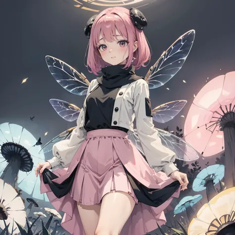 Beautiful and aesthetic,, Solo,Cute,Pink turtleneck,pleatedskirt，Dance，It has dragonfly-like wings and membrane wings，Cogumelos，Mushrooms，Huge mushrooms，spore，(glowing ambiance, enchanting glow, luminouslighting, Ethereal atmosphere,Watercolor illustration...