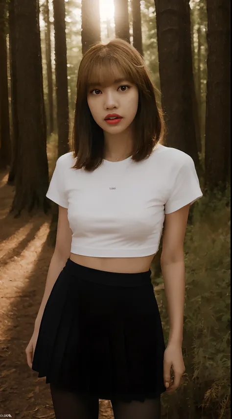 ((Lalisa Manobal from Blackpink)), t-shirt, wearing a t-shirt to the crotch, pleated skirt, black tights to the waist, high heels, close-up from thighs to face, female body, full body photo, hard nipples, skin very light, short hair, wavy hair, camp, fores...