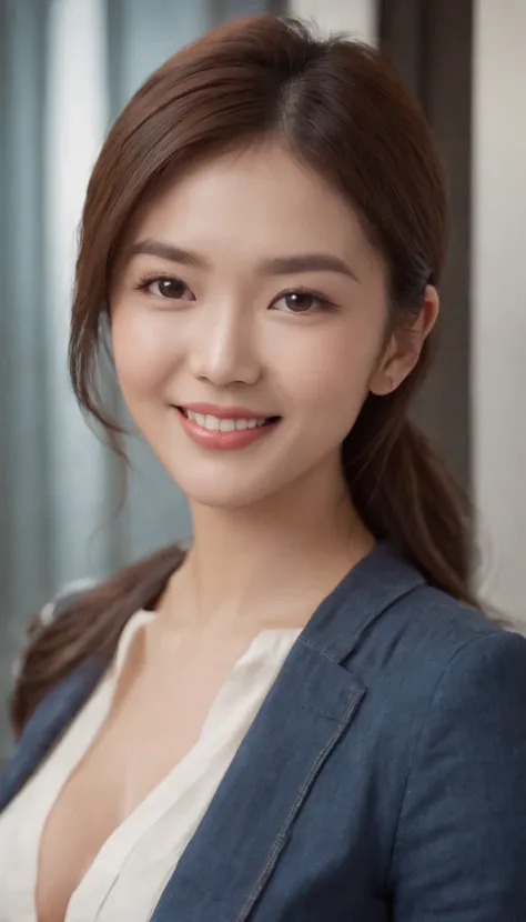 Asian female, Soft light, Clear face, cheerfulness, cheerful big breasts, Smiling, Warm light, ((office backdrop)), (Background)). ((office backdrop)) , (long or short hair), Smile, middle aged women,, Short hair, Smile,denim pant，high-heels，The back is be...