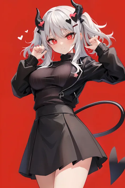 beautiful, (masterpiece:1.2), (best quality:1.2), perfect eyes, perfect face, perfect lighting, 1girl, :>, black horns, black jacket, black skirt, black suit, black tail, blush, breasts, demon girl, demon horns, demon tail, formal, heart, heart-shaped pupi...