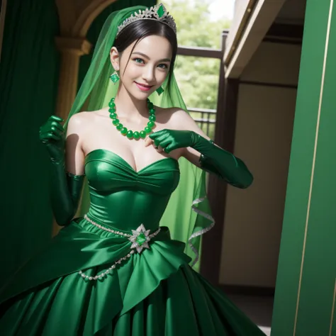 emerald tiara, Green Pearl Necklace, Boyish very short green hair, lipsticks, Japan woman smiling, very short short hair, fist, big breasts beautiful, Green eyes, Long green gloves made of satin material, Green eyes, Emerald Earrings