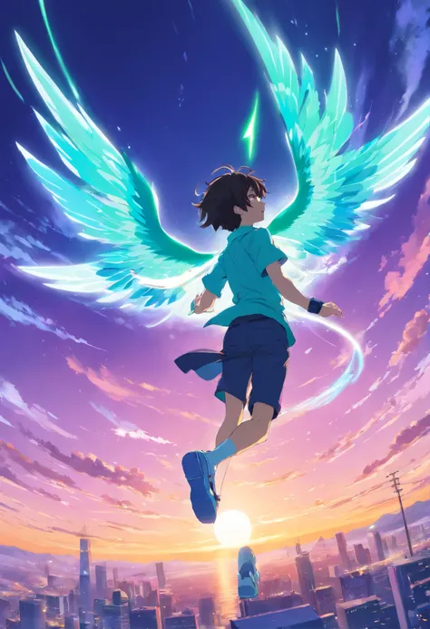 Um jovem homem adulto com cabelos cacheados Azul e branco de olhos verdes vibrantes, com uma roupa preta com desenhos azuis, holding a purple ray in his left hand with a pair of black wings on his back, flying through the sky