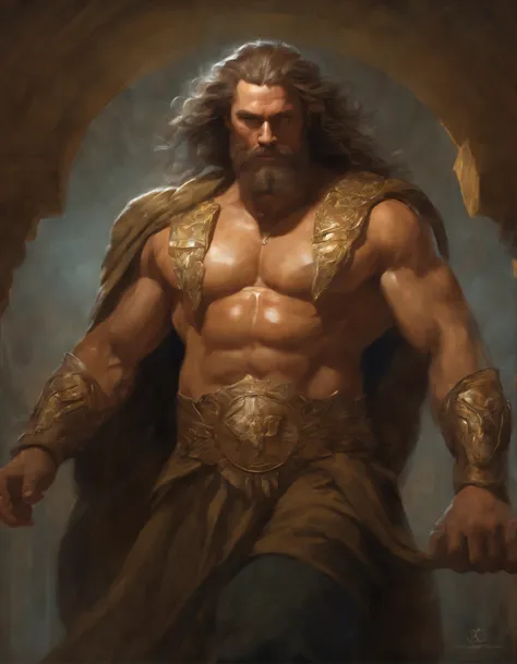 Portrait of an elegant stout mighty God unleashing all his powers, digital painting in the style of Robert Liberace, dynamic action poses of stout zeus, god of thunder, greek god, blond hair, male, mature, handsome, upper body, muscular, hairy torso, fanta...