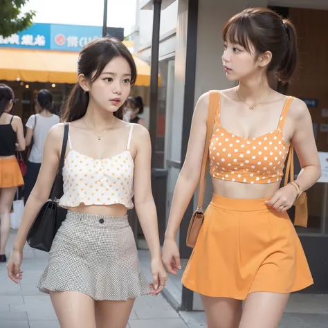 girl in orange polka dot camisole and brown tight mini skirt、a tiny２tuknot、shopping mall、lick the soft-serve ice cream