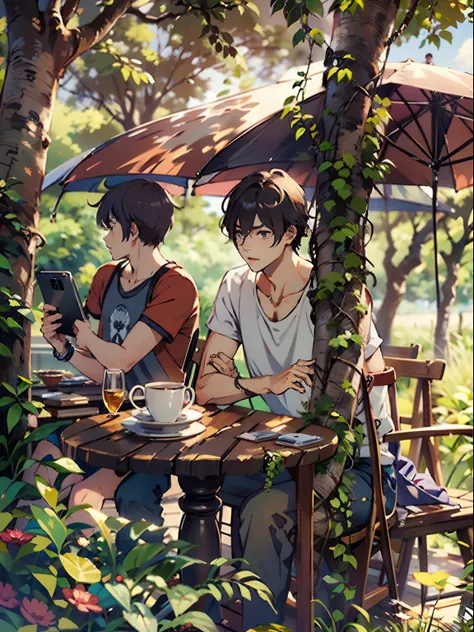 1boy,11 only、(Mans :2),(bobhair:1.5)、A dark-haired、Tank Tops、cafes、Trees、Sunlight、Clouds,Natural lighting、hightquality、masutepiece,8K,hight resolution、