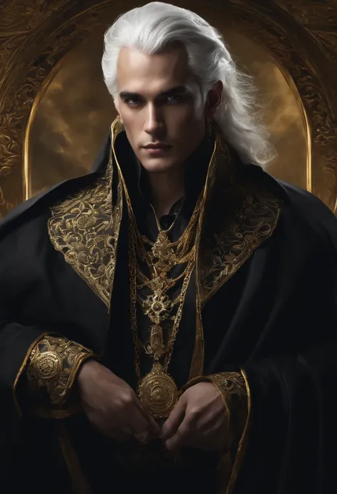 A man with white hair tied back behind his head, wearing a black cloak tied with gold embellishments. His eyes are grey.