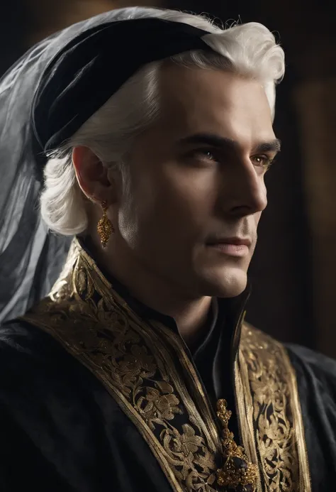 A man with white hair tied back behind his head, wearing a black cloak tied with gold embellishments. His eyes are grey.