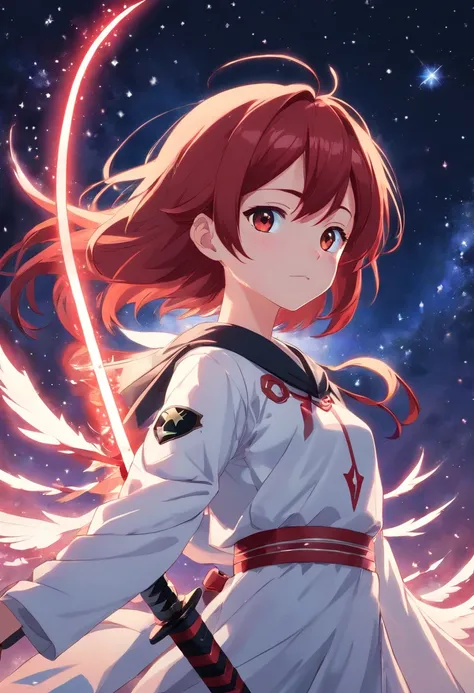 A blood-red haired child in a white outfit with black wings with a sword of stars