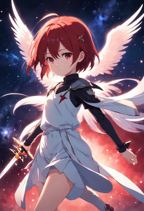 A blood-red haired child in a white outfit with black wings with a sword of stars