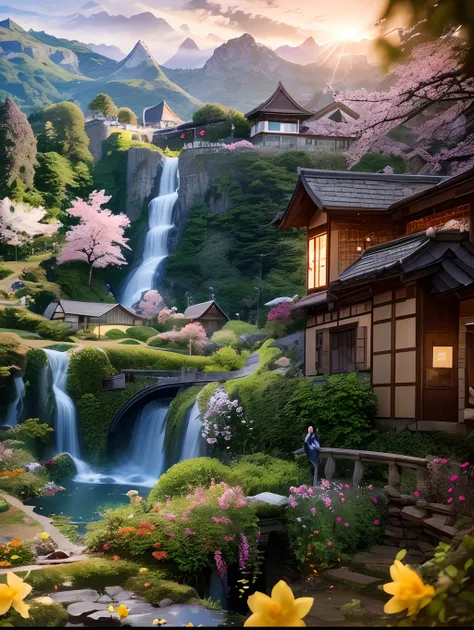 Deep forest, distant mountains, flying birds. Two-dimensional style, bright and vibrant, cherry blossoms cover the mountainside, the sunrise can be seen in the distance, a stream meanders, there are a few daffodils on the bank, the sunrise