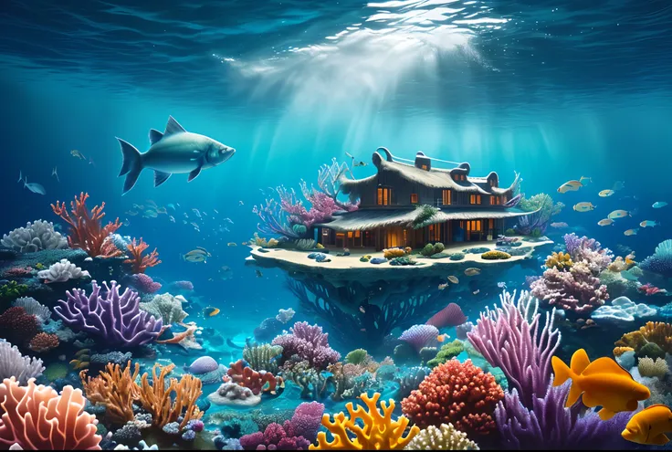 Ocean underwater, 
Organic curved big house, deep in ocean, blue water, diversity of fish, ocean plants around, big pearl shell next to the house, surreal 3d, avatar people, surreal art