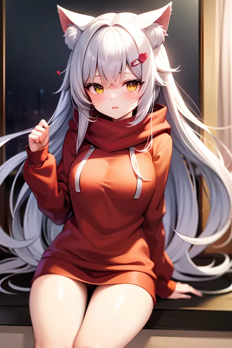 anime girl, long fluffy white hair, cat ears, red and green eyes, pink flower in hair, heart hairclip, red hoodie, gray scarf, blushing, red skirt