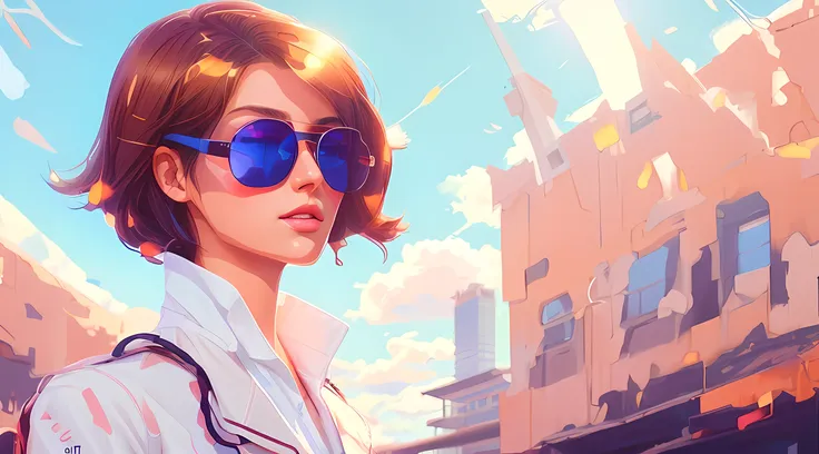 anime girl with sunglasses and a white shirt and a blue tie, jen bartel, in illustration style digital, estilo de arte digital, ...