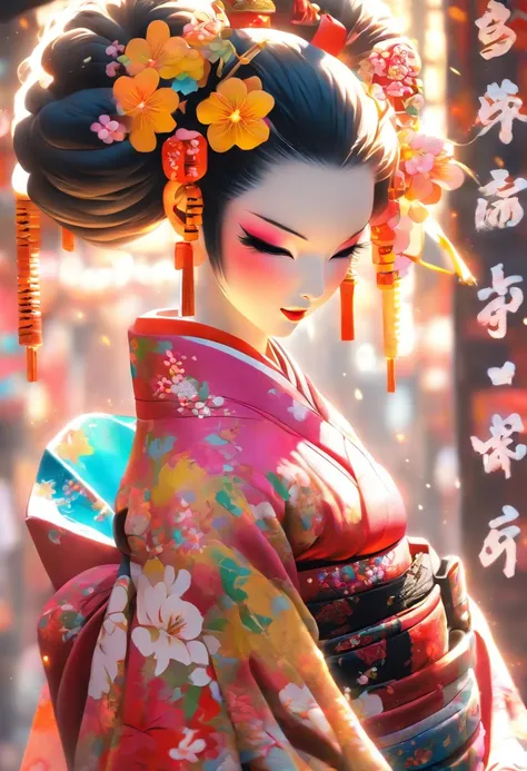 The most beautiful and sexy geisha, rainbow colored hair, yellow eyes, wearing the most beautiful and highly detailed kimono, tons of tattoos and piercings, cherry blossoms blowing in the wind, kanji and graffiti style elements in the background, highly de...