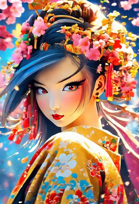 The most beautiful and sexy geisha, rainbow colored hair, yellow eyes, wearing the most beautiful and highly detailed kimono, tons of tattoos and piercings, cherry blossoms blowing in the wind, kanji and graffiti style elements in the background, highly de...