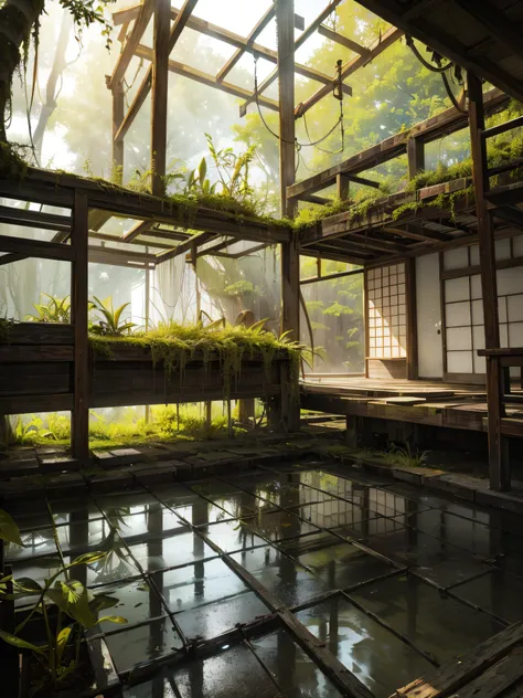 Hidden deep within a lush bamboo forest, an abandoned Japanese house stands frozen in time. The house, weathered by years of neglect, is a testament to natures reclamation of human structures. Using a macro lens, focus on the intricate textures of moss-cov...