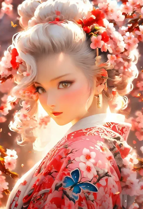 The most beautiful and sexy cherry blossom goddess, white hair, red eyes, wearing the most beautiful and highly detailed kimono, tons of tattoos and piercings, cherry blossoms and butterflies blowing in the wind, highly detailed background, perfect masterp...