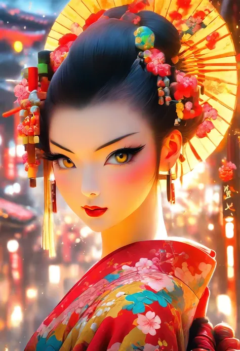 The most beautiful and sexy geisha, rainbow colored hair, yellow eyes, wearing the most beautiful and highly detailed kimono, tons of tattoos and piercings, cherry blossoms blowing in the wind, kanji and graffiti style elements in the background, highly de...