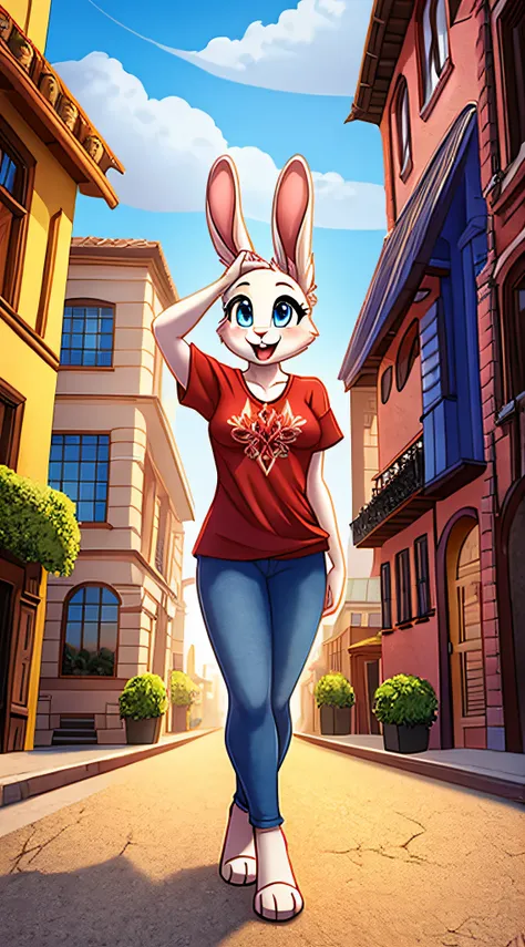 fantasy style art, cute, adorable, attractive, fluffy female white bunny with blue eyes, attractive figure, fully clothed, chaste, 4 ears, 2 extra ears, big floppy ears, long ears, ears perked up, raised ears, long eyelashes, red t-shirt with flower design...