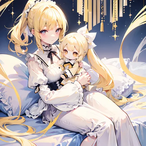 Light yellow hair，Only ponytail，The face is as gentle and cute as a doll，Pale yellow and white Lolita clothes，Bright pale pink pupils，She is a sweet girl，The voice is very soft and cute，Its called Yaojin Fawn