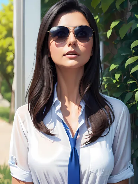 realistic girl with sunglasses and a white shirt and a blue tie, inspirada em morena baccarin, como morena baccarin, in illustra...