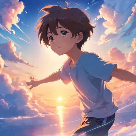 Masterpiece, Best Quality, Movie Stills, 1boy, Cloud Boy, Floating in the Sky, Close-up, Bright, Happy, Warm Soft Light, Sunset, (Sparkle: 0.7)