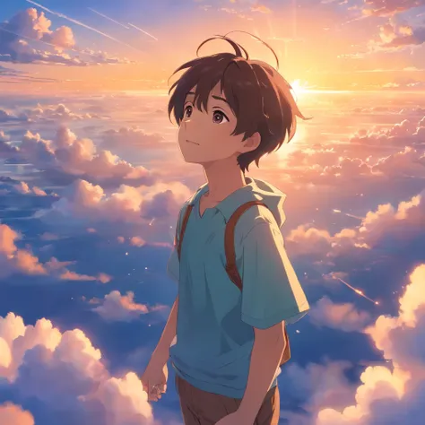 Masterpiece, Best Quality, Movie Stills, 1boy, Cloud Boy, Floating in the Sky, Close-up, Bright, Happy, Warm Soft Light, Sunset, (Sparkle: 0.7)