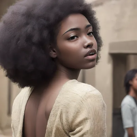 Very detailed, hyper realitic young back woman looking at the camera, zoomed and detailed picture, afro and ethnic, sysmetrical faces