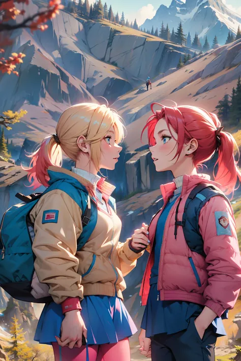 {{Male and female couples}}、girl with blond pigtails and blue eyes, pink vest over blue clothes, a goy with short spiky red hair, a blue jacket, red pants, holding hands, a cliff with mountains and trees, blue sky