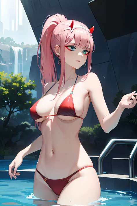 (Unity 16K wallpaper, Masterpiece, Best quality, Ultra-detailed, Extremely detailed CG, Caustics, Cinematic lighting, Detailed, Beautiful detailed eyes, Solo,swimmingpool),zerotwo, small horns, Fine skin、Sexy, curby ,NSFW,(Bikini swimwear:1.3), nabel，Long ...