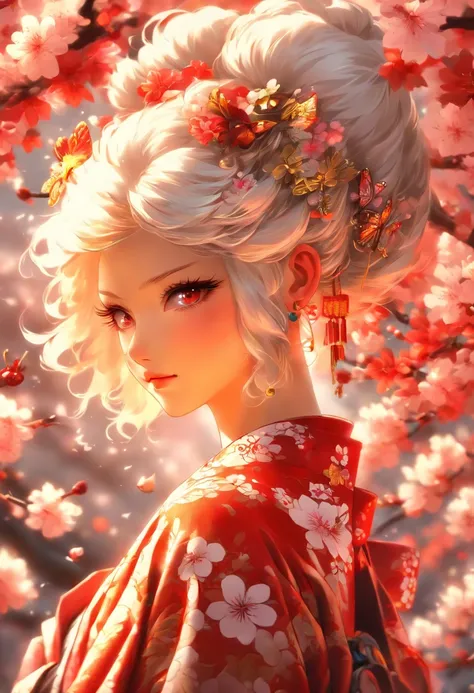 The most beautiful and sexy cherry blossom goddess, white hair, red eyes, wearing the most beautiful and highly detailed kimono, tons of tattoos and piercings, cherry blossoms and butterflies blowing in the wind, highly detailed background, perfect masterp...