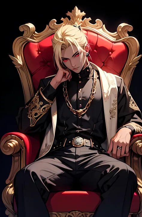 1boy，solo, Y2K，Emo style，non-mainstream, Harajuku style，Exaggerated dressing，Intricate ornaments，Rock style，Gothic style，rivet，ear studs，One-sided earring, pale blonde hair, dark-skin, dark-skinned male, intricate red eyes, sitting in throne, detailed back...