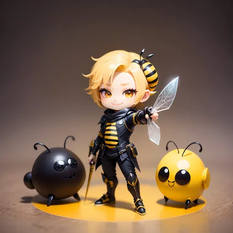 ​masterpiece、top-quality、ultra-detailliert、(Chibi bee:1.2)、Wraith with yellow and black stripes、In the hand he has a long-tipped pointed needle。Smile、Standing、