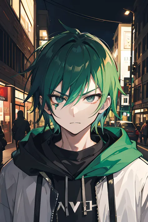 A man, green hair and black eyes, street, badass, cool, glare, potrait, mascular, hoodie, night