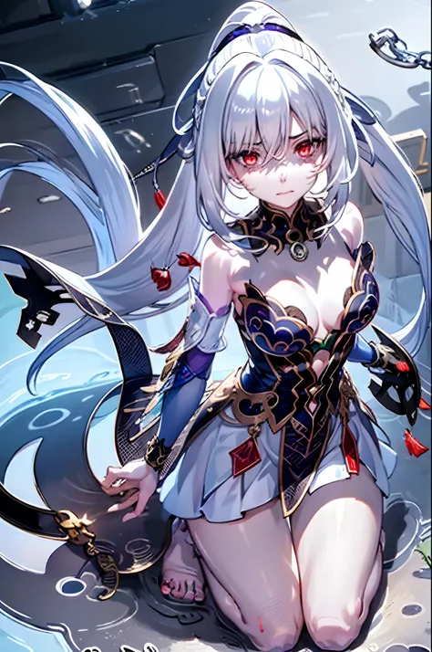 JingliuV4,silver hair long hair large breasts purple eyes hair ornament jewerly hair between eyes,Kizi，teens girl，teardrop，weeping，ripped apart，chain leash，Behind the arm,kneeling down，shackle，BDSM，high ponytails