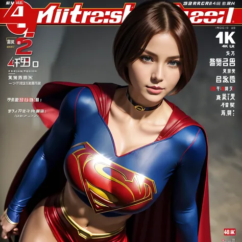 (Best Quality,4K,8K,hight resolution,masutepiece:1.2),Ultra-detailed,Realistic:1.37,Super masterpiece,Short-haired Supergirl、large full breasts、Looking at the camera、Glossy costume、a choker、Magazine covers