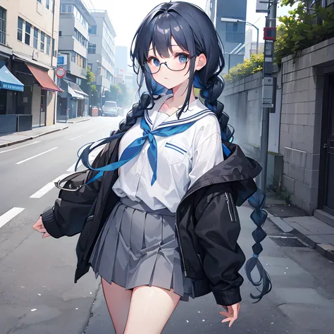 Gray and dark blue hair，With a braid，With a pair of thick-rimmed glasses，wearing white clothes，JK school uniform in black cloth dress，Its a sweet little loli