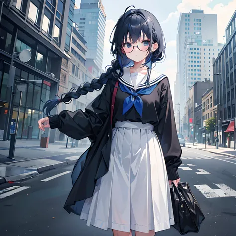 Gray and dark blue hair，With a braid，With a pair of thick-rimmed glasses，wearing white clothes，JK school uniform in black cloth dress，Its a sweet little loli