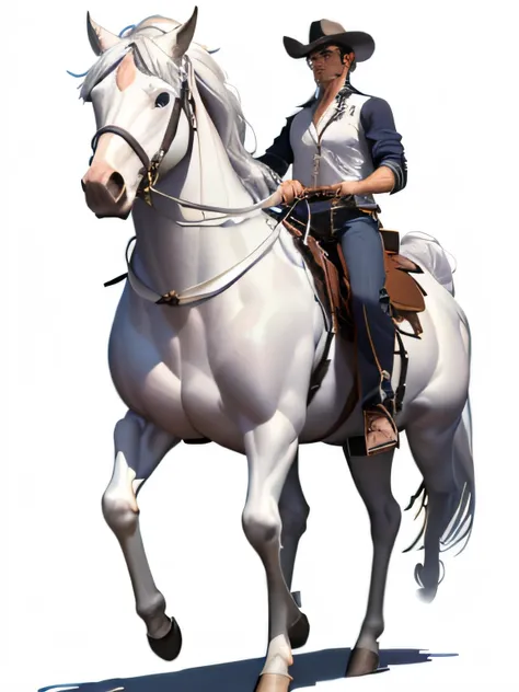 an image of a male cowboy riding his horse, (solid white background:1.477), (standing on the ground:1.47), HQ, insanely detailed, masterpiece, sharp focus, (head, body, legs and feet showing:1.477)