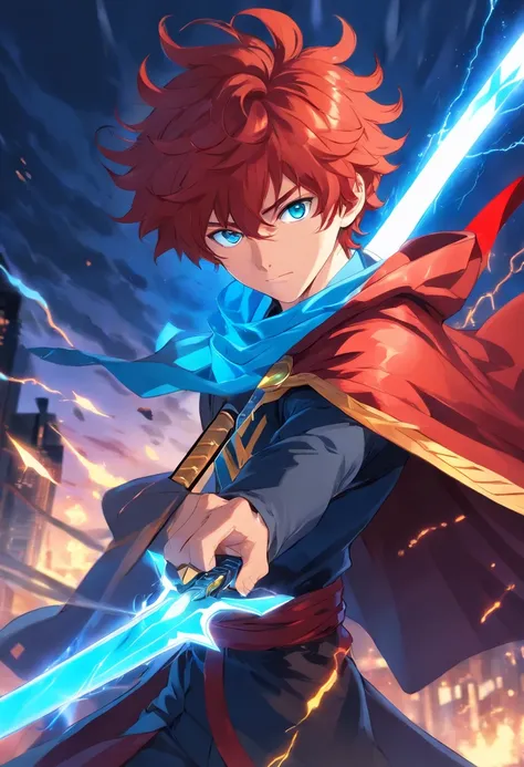 A young adult man with blood-red curly hair and vibrant blue eyes is a blood wing holding a black lightning bolt sword and a black and red cape